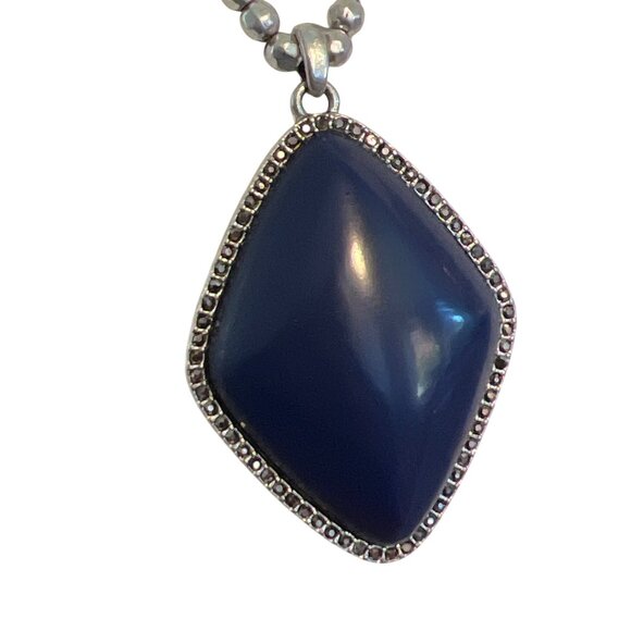 Lucky Brand Silver Tone Necklace Blue Agate Pendant Slide Adj Boho Marcasite - Picture 2 of 7